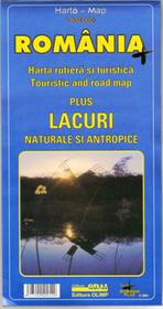 Straßenkarte Rumänien plus natürliche und künstliche Gewässer / Romania plus lacuri naturale si antropice : harta rutiera si turistica